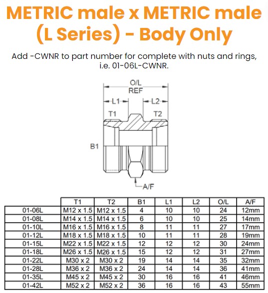 M12 (6L) M/M - Body Only Hydraulic Adaptor